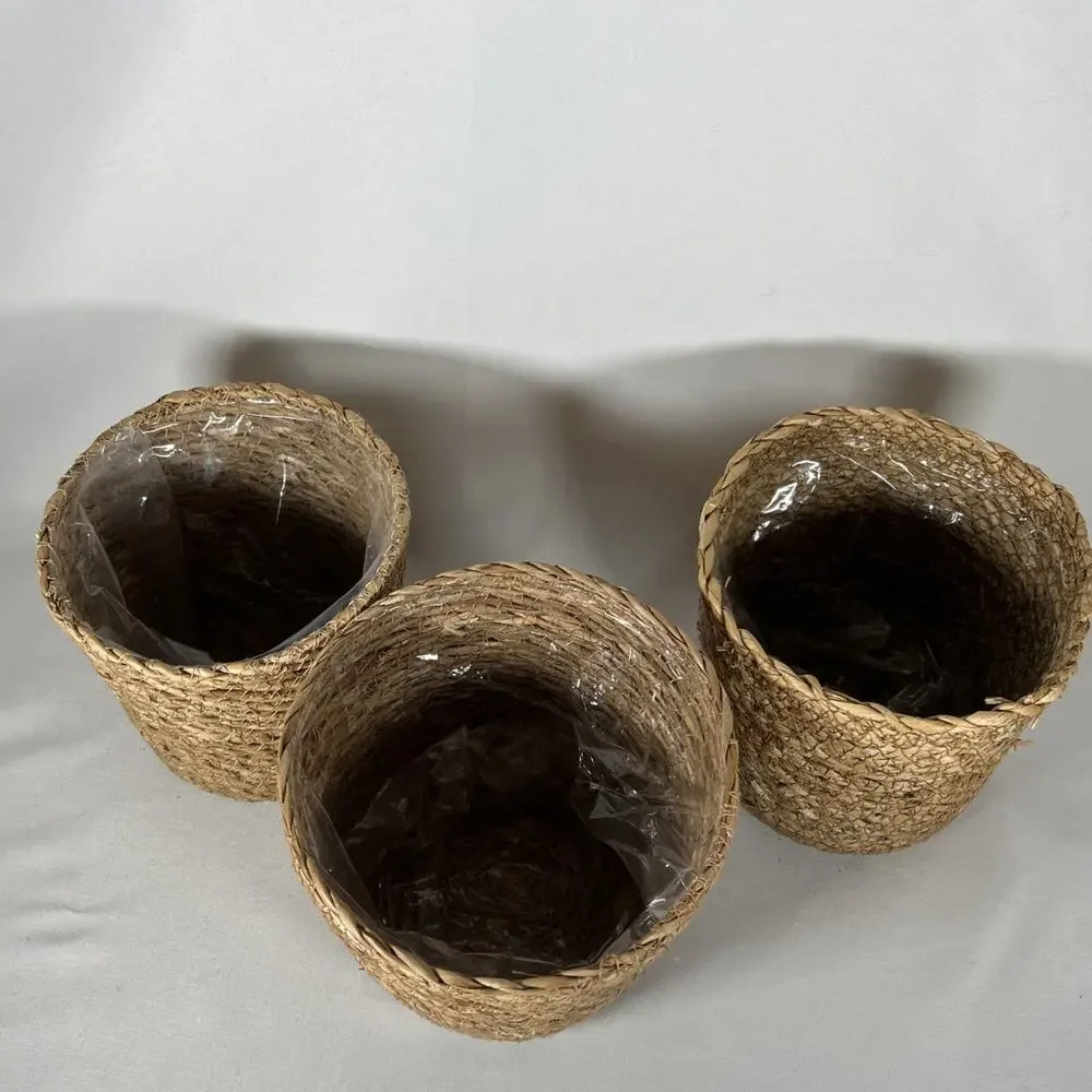 Set of 3 Rope Jute Wicker Grass Plastic Lined Plant Baskets Holders 5-5.75” Pots